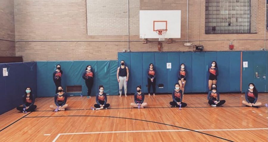 North High gymnasts pose for team photo. The team wears masks and remains socially distanced showing new safety precautions required for this years sports seasons. (Credit: @greatnecknorthgymnastics on Instagram)