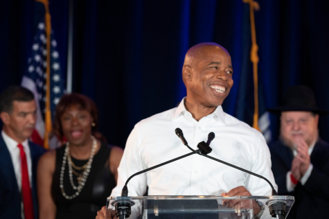 Eric Adams smiles as he gives his victory speech after being declared the victor of the 2021 New York City Mayoral Election. (Credit: James Estrin/The New York Times)