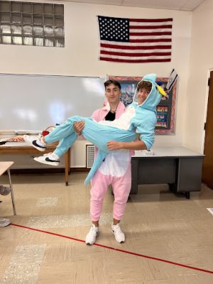Sophomores Lucas Turofsky and Jayden Haghani dressed up in their matching onesies.