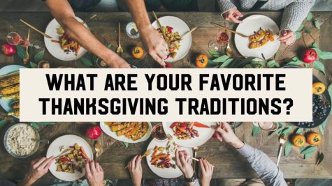 Text of What are you favorite Thanksgiving traditions? in all caps with a picture of food from a Thanksgiving dinner behind it.