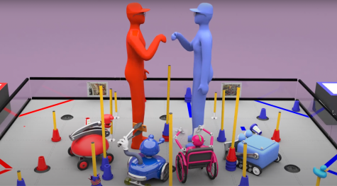 This is how the playing field looked like. Junctions are the yellow poles and black circles on the floor. The red and blue cones are placed on these junctions by robots (Credit: YouTube).