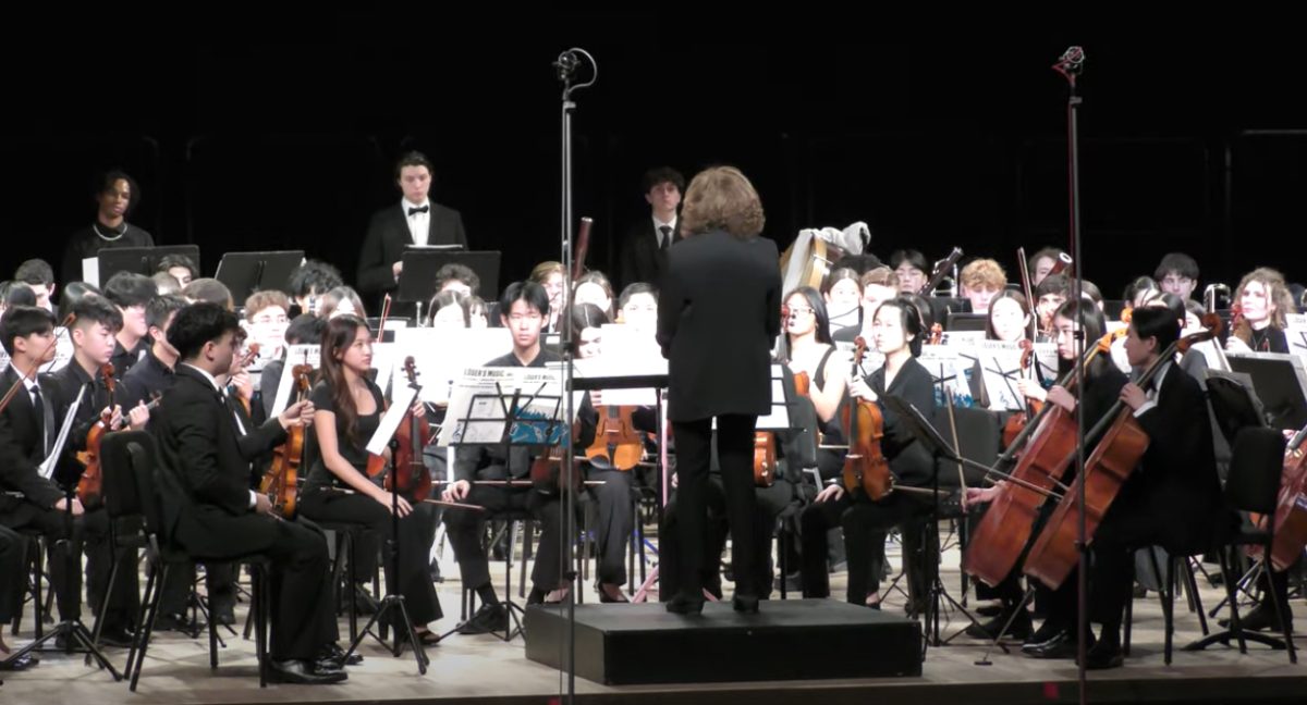 The Divison 5 Symphony Orchestra, under the direction of Dr. Maureen Hynes, before performing the concert finale (Credit: Evan Hoffman). 
